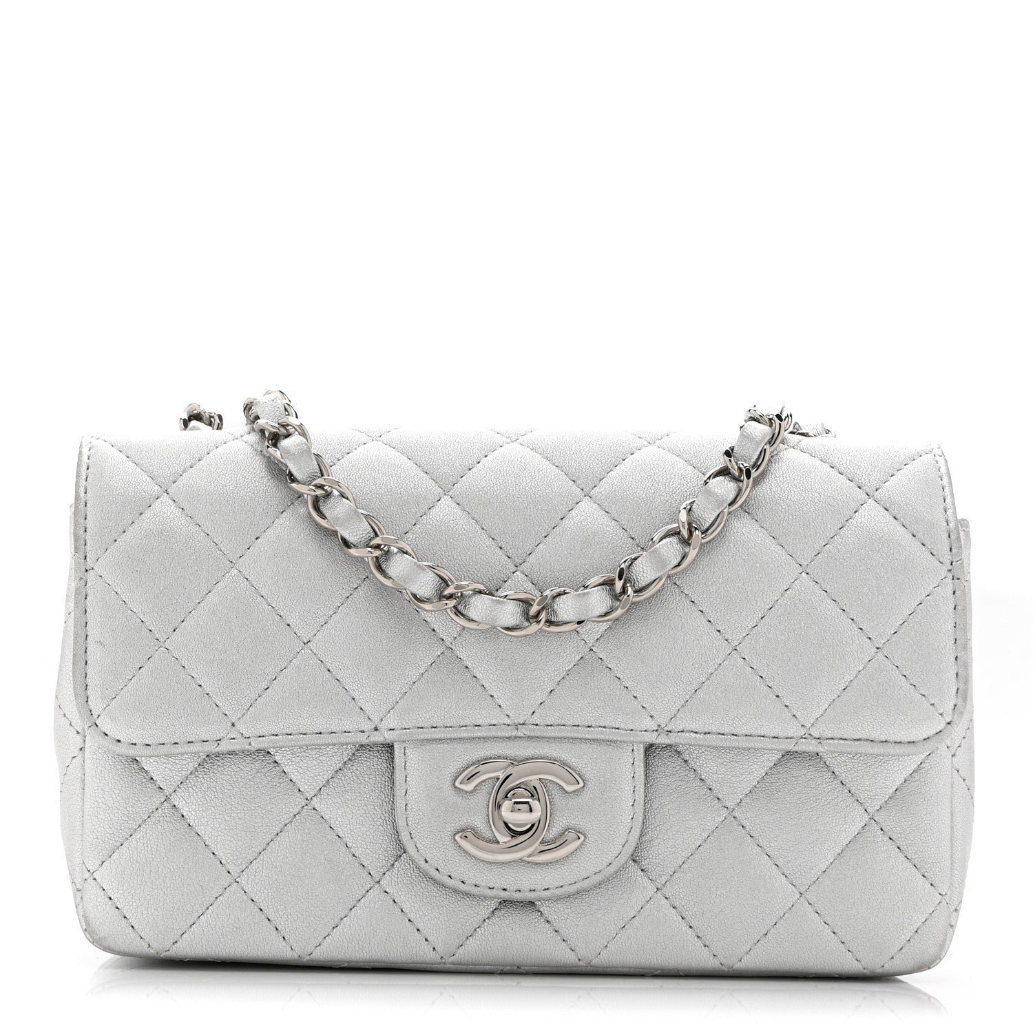 015ea0c325db77af5e4fc9860b25e097.jpg Metallic Lambskin Quilted Mini Rectangular Flap Silver - Image 1