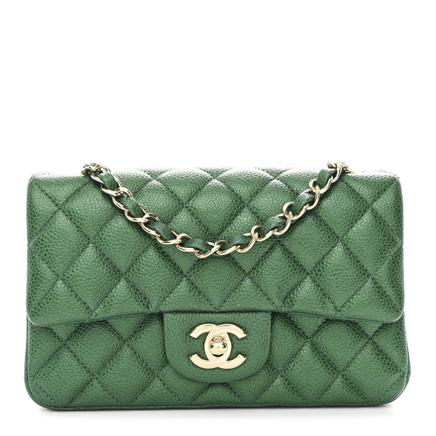 044e65ce7de68542da21d712d948129d.jpg Metallic Caviar Quilted Mini Rectangular Flap Green - Image 1