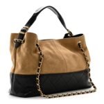 Suede Calfskin Shiny Lambskin Quilted Small Shopping Bag Beige Black - Image 3