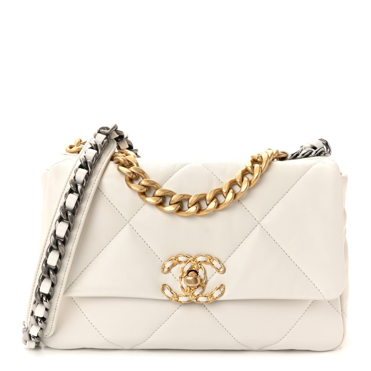 0c9b1b53fcc5038ac1e24ea61a48a1fb.jpg Goatskin Quilted Medium Chanel 19 Flap White - Image 1