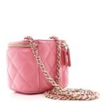 Lambskin Quilted Pearl Crush Mini Vanity Case With Chain Dark Pink - Image 3