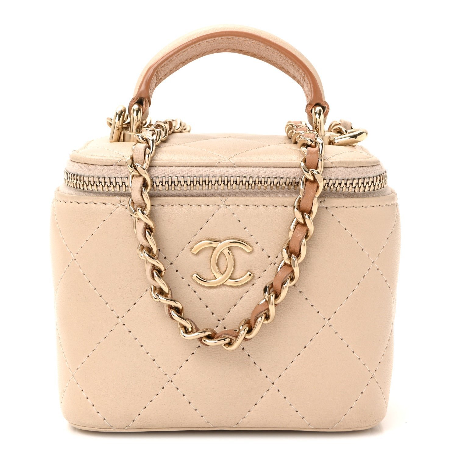 0da84a8a408ae003662c27856a3b25df.jpg Lambskin Quilted Top Handle Mini Vanity Case With Chain Beige - Image 1