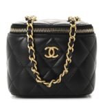Lambskin Quilted Mini Pearl Crush Vanity Case With Chain Black