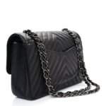 Iridescent Caviar Chevron Quilted Medium Double Flap Black - Image 3