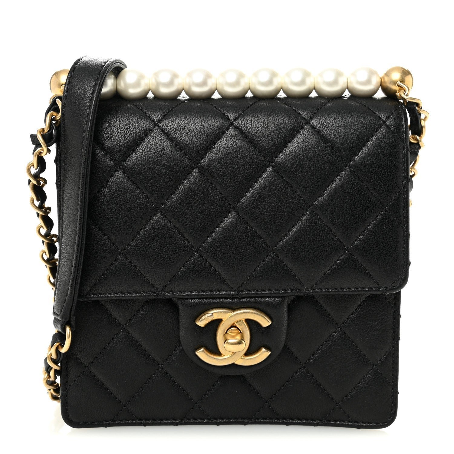 1b5cf1d7447b98aa257c8d75ecc65d49.jpg Goatskin Quilted Chic Pearls Flap Black - Image 1
