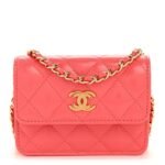 Shiny Lambskin Quilted Card Holder On Chain Pink - Image 8