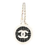 Tweed Quilted Round Filigree Pouch With Chain White Black