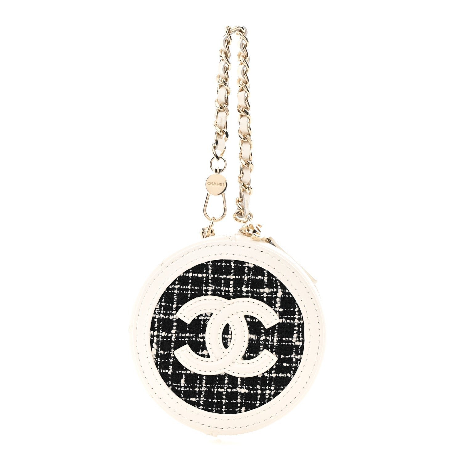 20725af975abb841620783251e6bb85e.jpg Tweed Quilted Round Filigree Pouch With Chain White Black - Image 1