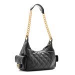 Shiny Lambskin Quilted Trendy Pockets Hobo Black - Image 3