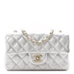 Metallic Calfskin Quilted Mini Rectangular Flap Silvery