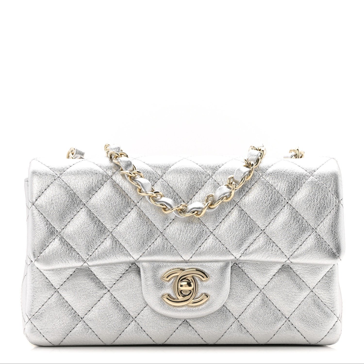 28172cba1bcefaa93423e90decc7fdde.jpg Metallic Calfskin Quilted Mini Rectangular Flap Silvery - Image 1