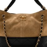 Suede Calfskin Shiny Lambskin Quilted Small Shopping Bag Beige Black - Image 8