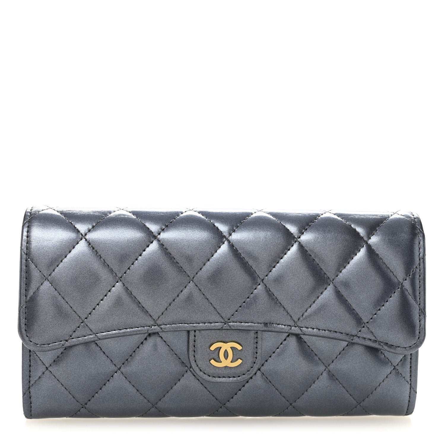 341bc3c8ebb529cbf4fe0b578497cb29.jpg Metallic Lambskin Quilted Large Gusset Flap Wallet Dark Blue - Image 1