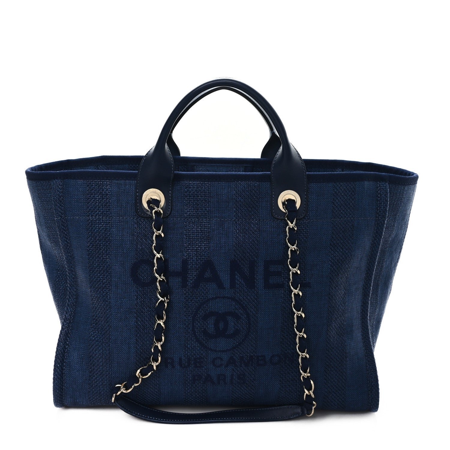 3db73d7a902142c5454272a577436725.jpg Mixed Fibers Striped Medium Deauville Tote Navy Blue - Image 1