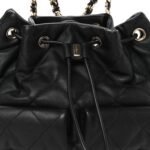 Lambskin Quilted Double Pocket Drawstring Backpack Black - Image 8