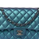 Metallic Lambskin Quilted Medium Double Flap Turquoise - Image 9