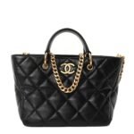 Lambskin Quilted Small Top Handle Shopping Bag Black