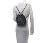 Lambskin Quilted Double Pocket Drawstring Backpack Black - Image 2