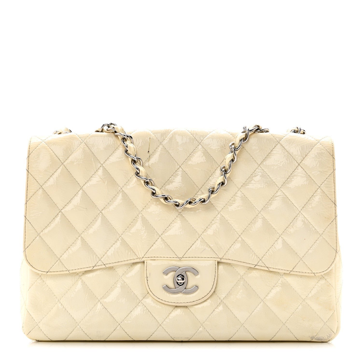 43893c632117e1eaa8dbe3b517c17355.jpg Distressed Patent Jumbo Single Flap White - Image 1