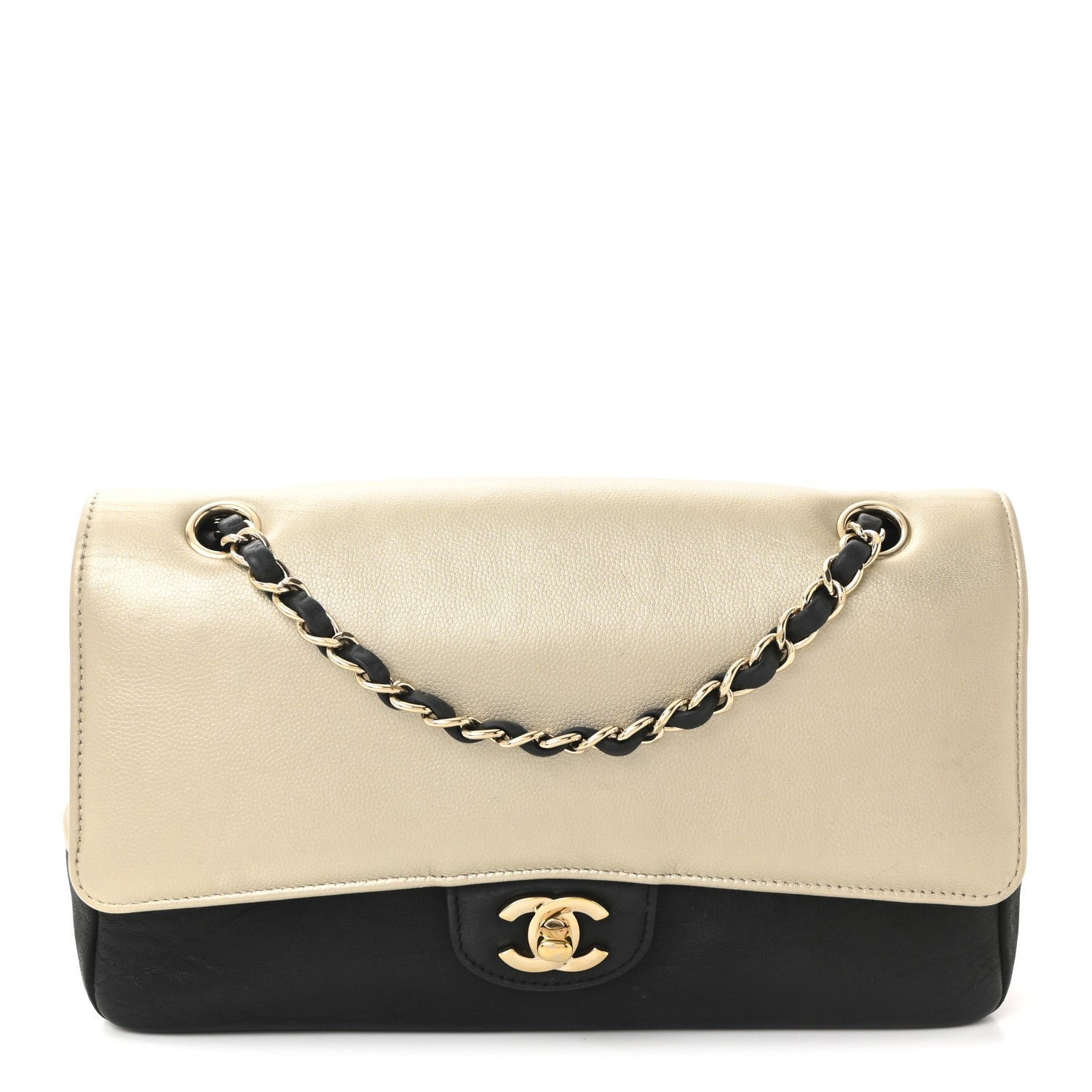 4da2e71e8e77309f6bbf8f104715cc39.jpg Metallic Grained Calfskin Medium Classic Pure Double Flap Gold Black - Image 1