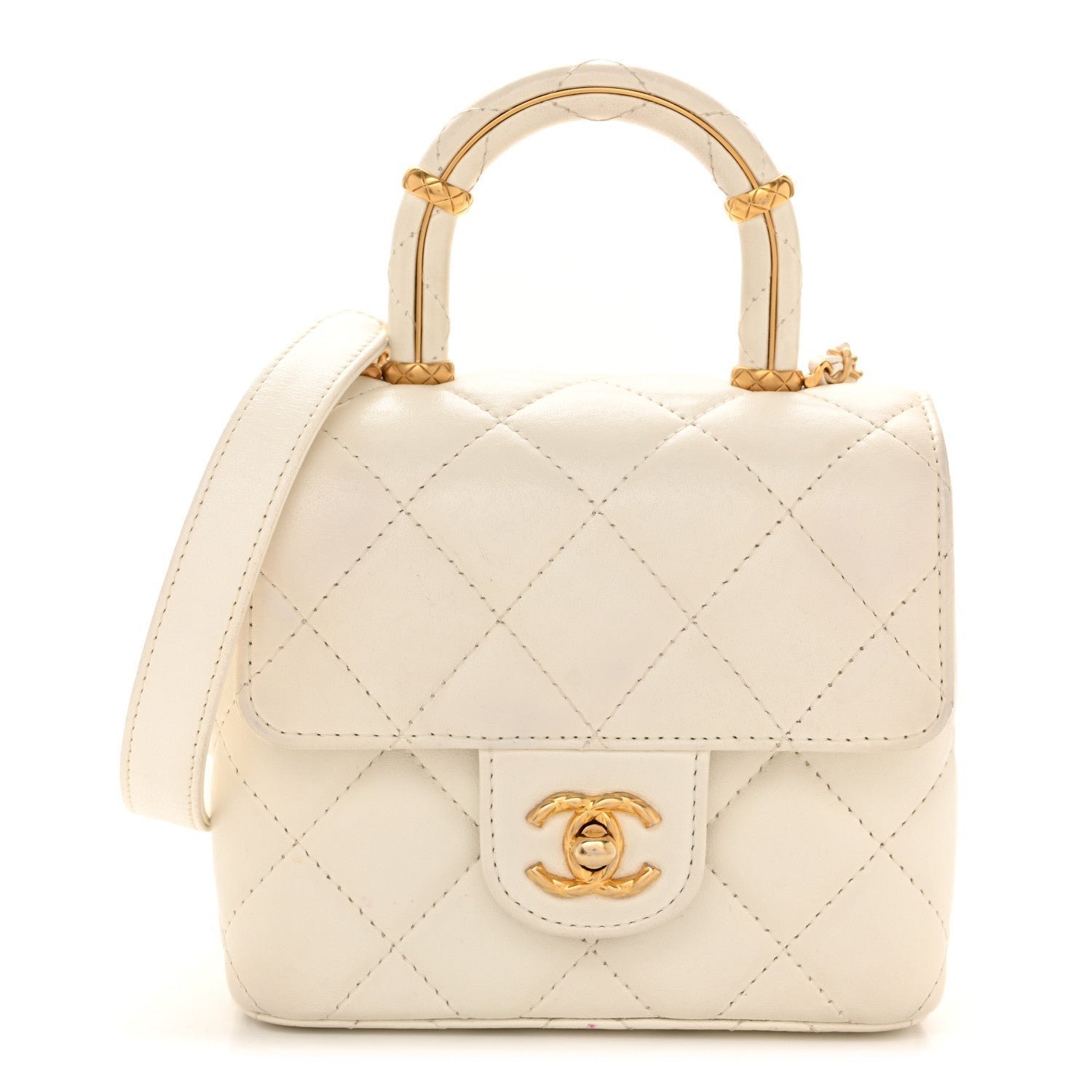 4f3d037f43402365fc3afadb43b28771.jpg Lambskin Handle Crush Top Handle Flap Bag White - Image 1