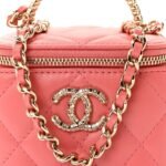 Lambskin Quilted Crystal Top Handle Mini Vanity Case With Chain Coral - Image 8