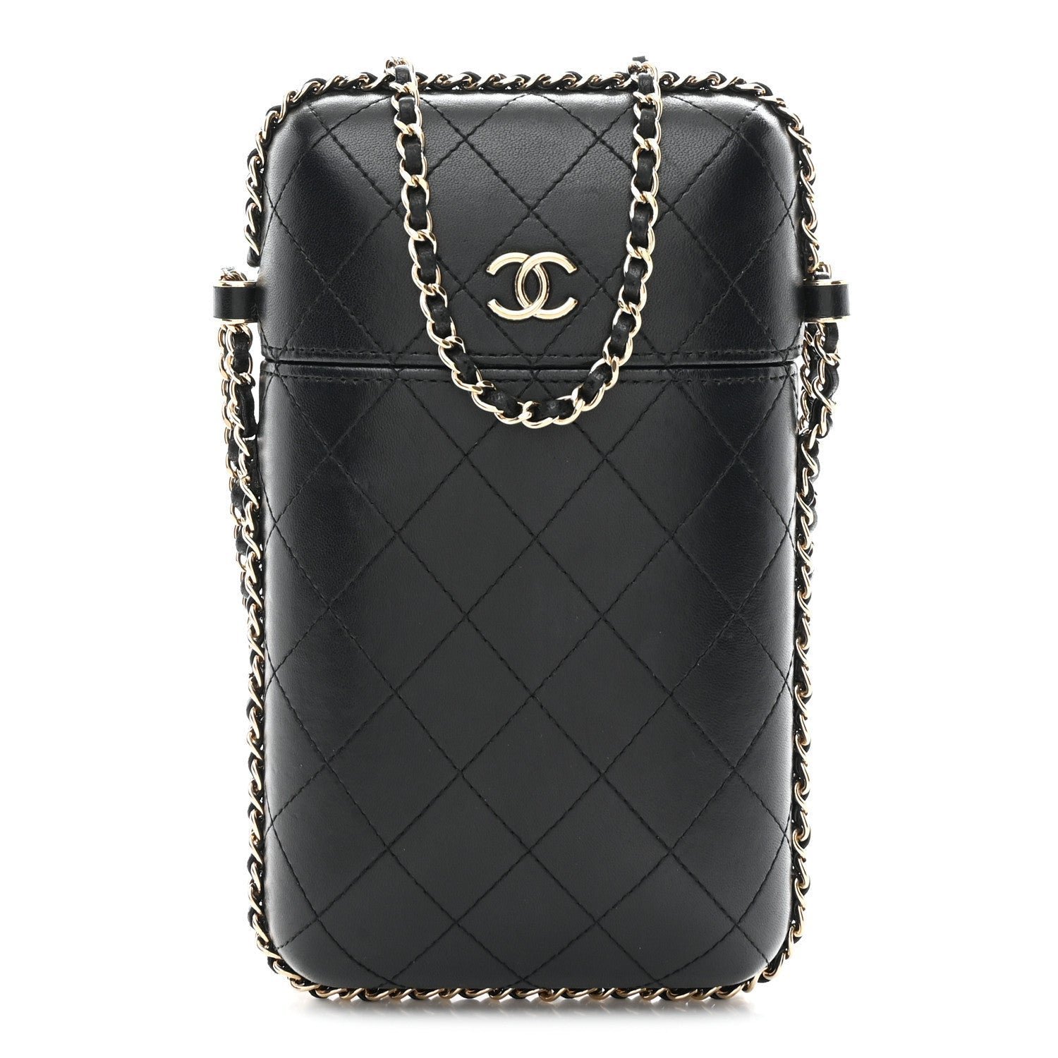 547ef226717db95e82884d9bd0fb7e9c.jpg Lambskin Quilted Chain Around Phone Holder Black - Image 1