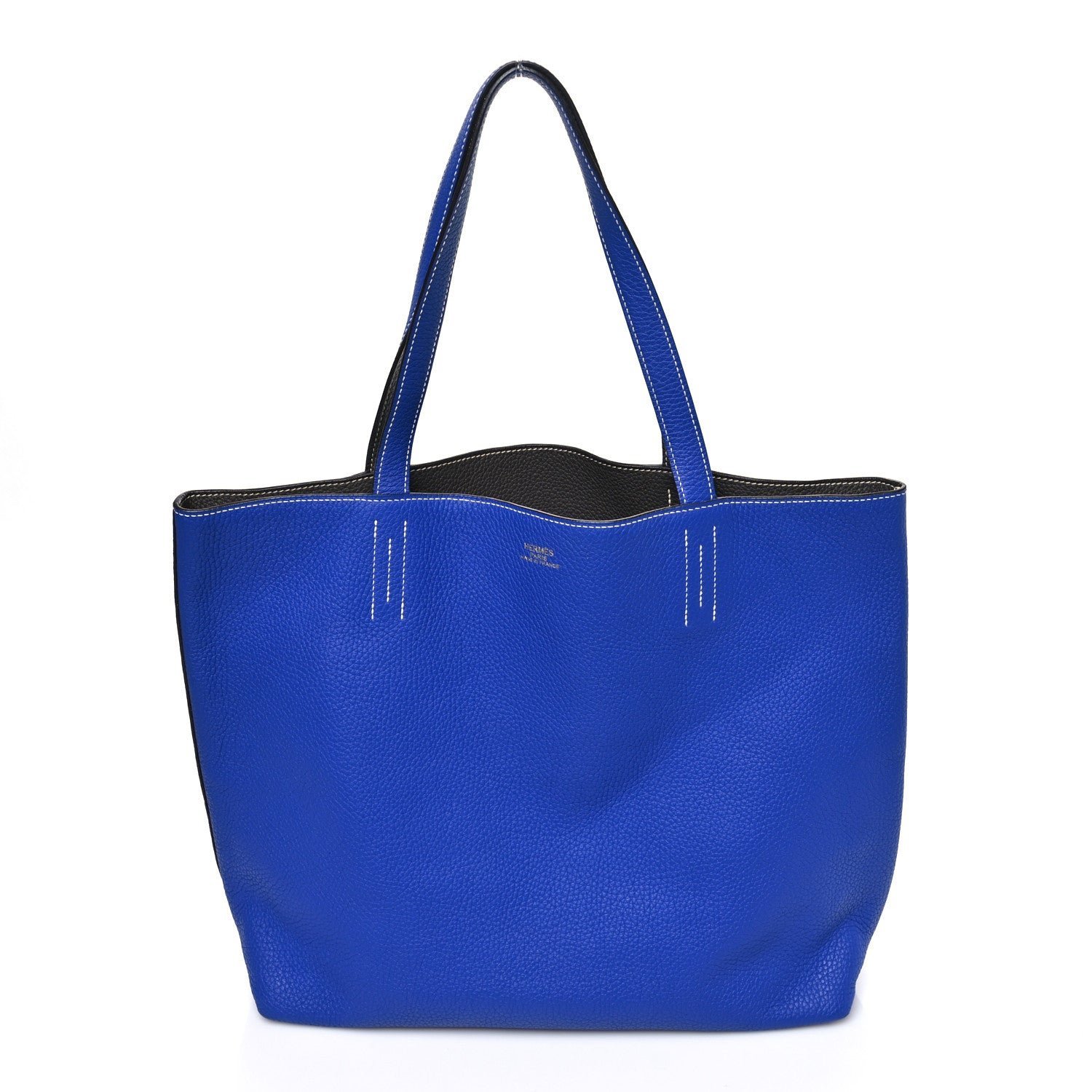 559393bbb54332f92fdc631b5590fd6b.jpg Taurillon Clemence Double Sens 36 Reversible Tote Graphite Bleu Electrique - Image 1