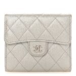 Metallic Caviar Quilted Compact Flap Wallet Silver