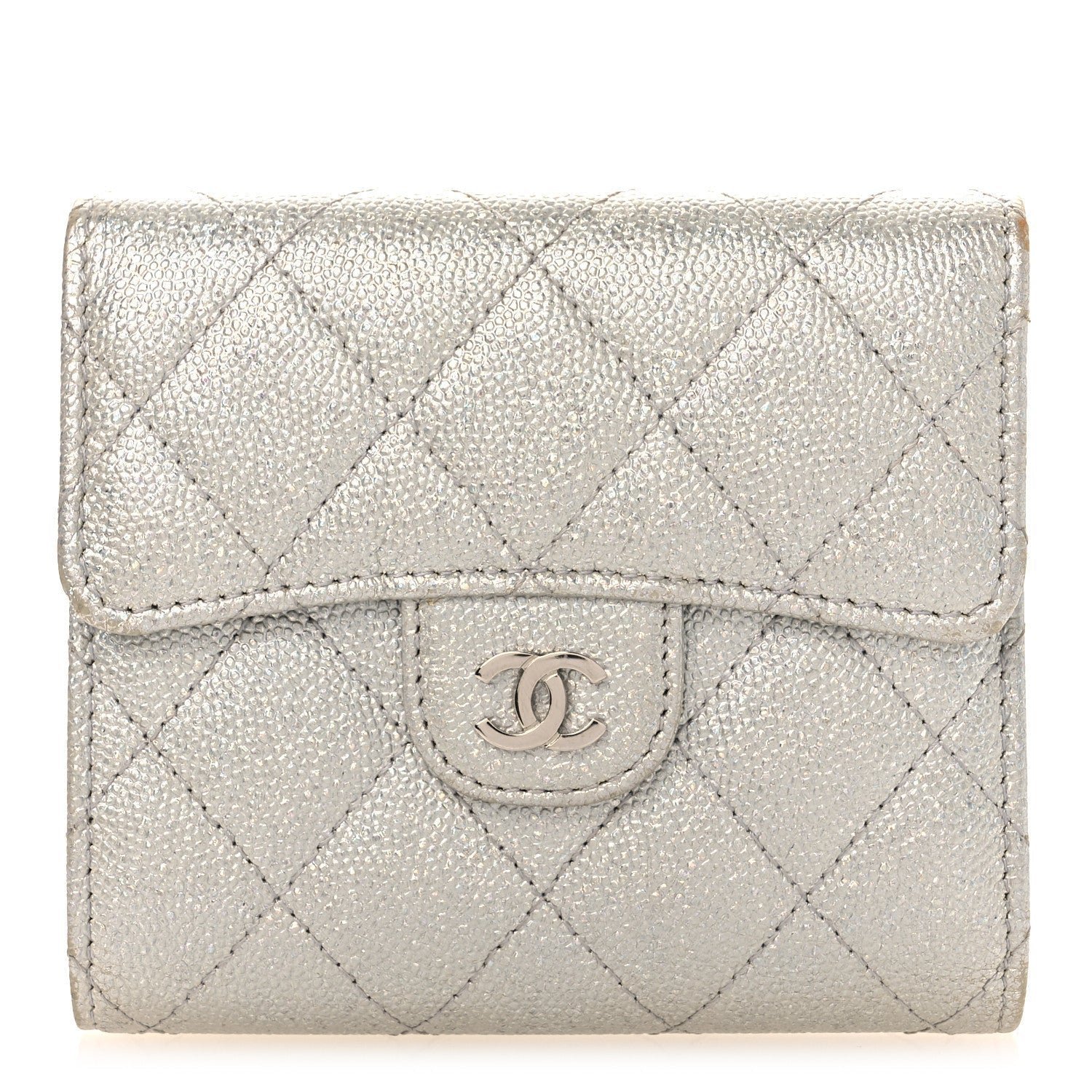 5a1d562ac58471fe0e7a0b4ba33ea814.jpg Metallic Caviar Quilted Compact Flap Wallet Silver - Image 1