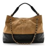 Suede Calfskin Shiny Lambskin Quilted Small Shopping Bag Beige Black