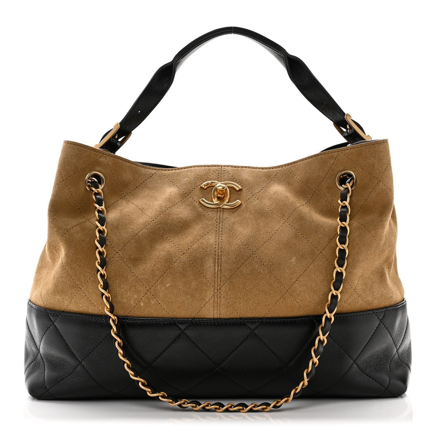 617c3407c7fa8e4a1567d35ecd81b795.jpg Suede Calfskin Shiny Lambskin Quilted Small Shopping Bag Beige Black - Image 1