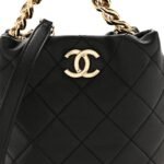 Lambskin Quilted Resin Bi-Color Chain Bucket Bag Black - Image 8