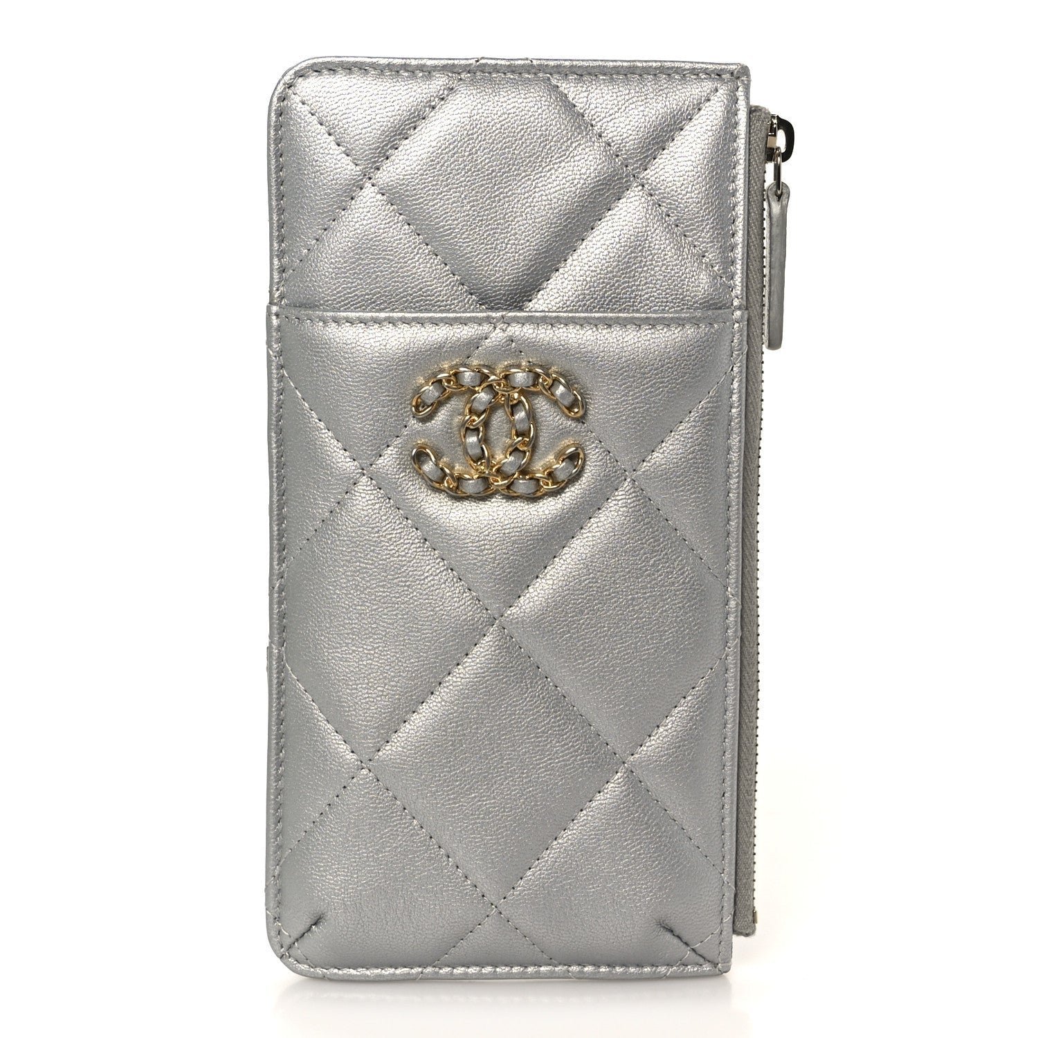 68bd7d2c6e35b2265d6251940eb0f107.jpg Lambskin Quilted Chanel 19 Phone and Card Holder Silver - Image 1