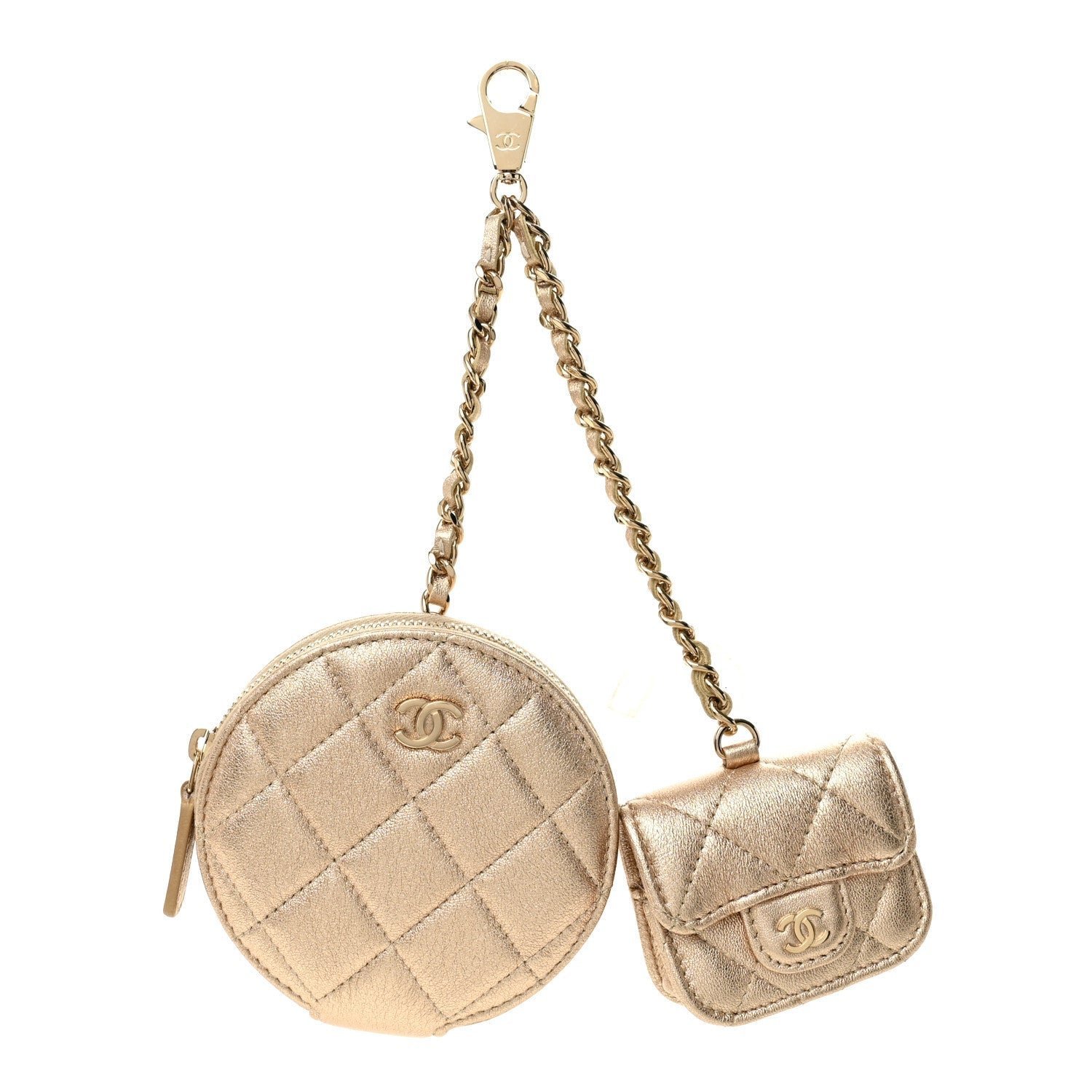 69b9608753a64cbd57c66837b6361e91.jpg Metallic Lambskin Quilted Round Clip On Coin Purse Airpods Case Gold - Image 1