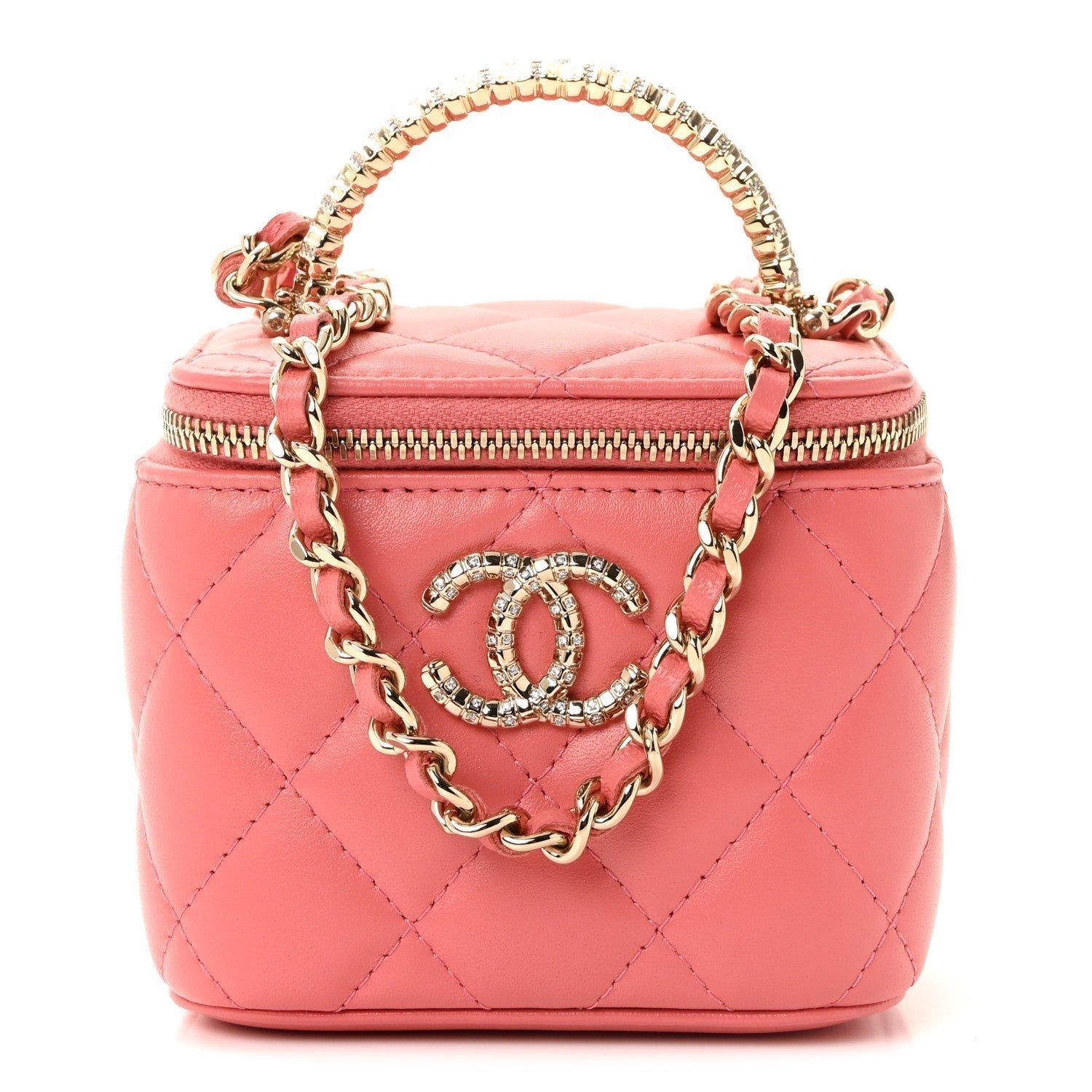 6a1695546bd5ede05eeee89bac3e8fde.jpg Lambskin Quilted Crystal Top Handle Mini Vanity Case With Chain Coral - Image 1
