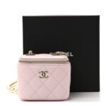 Lambskin Quilted Mini Vanity Case With Pearl Chain Light Pink - Image 11