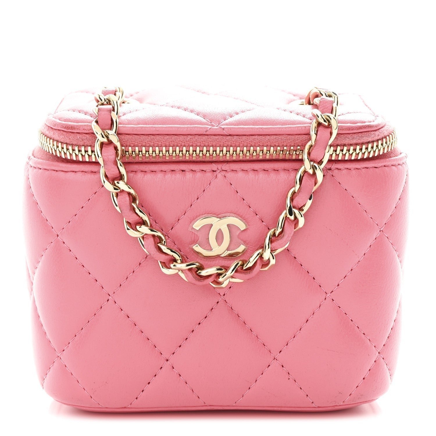 73c10b4e992494b570a781cbb51b5ef7.jpg Lambskin Quilted Pearl Crush Mini Vanity Case With Chain Dark Pink - Image 1