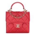 Lambskin Quilted Top Handle Flap Clutch With Chain Red