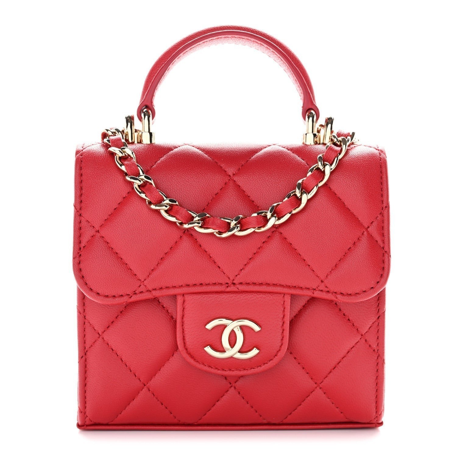 73d7a96f1516ecce292d91a604d8327c.jpg Lambskin Quilted Top Handle Flap Clutch With Chain Red - Image 1