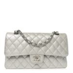 Glittered Metallic Caviar Quilted Medium Double Flap Silver