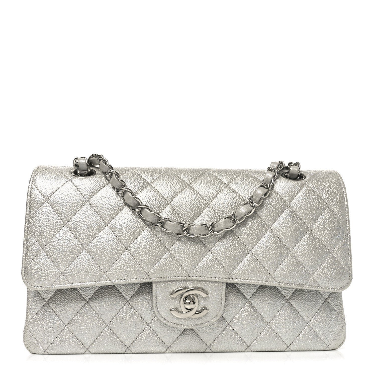 76dddb3f4711dce6ecb357d3ea5f05a9.jpg Glittered Metallic Caviar Quilted Medium Double Flap Silver - Image 1