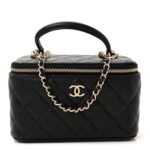 Lambskin Quilted Small Top Handle Vanity Case With Chain Black