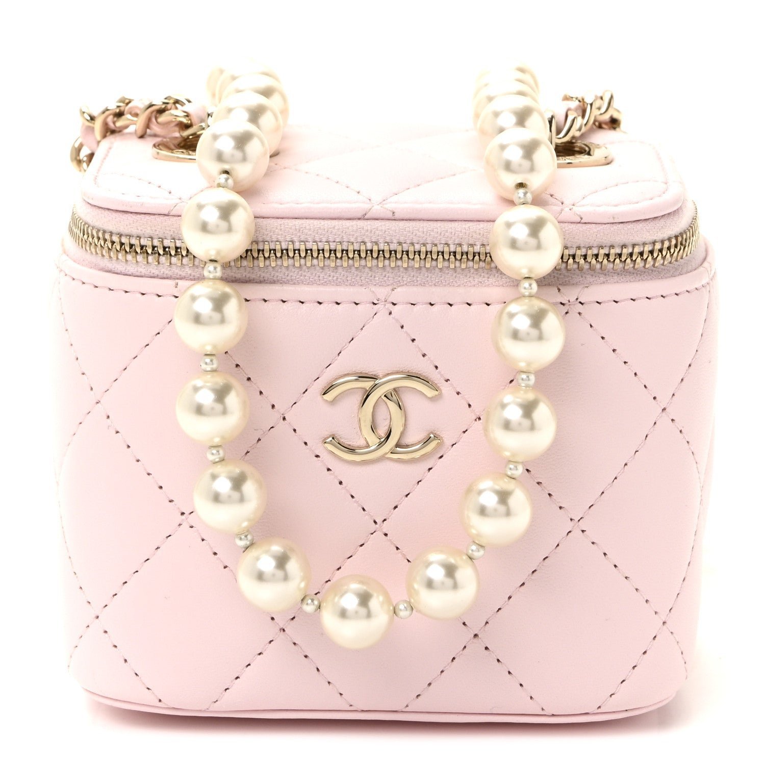 7ea793772163a8910f3cd5c305efbf0e.jpg Lambskin Quilted Mini Vanity Case With Pearl Chain Light Pink - Image 1
