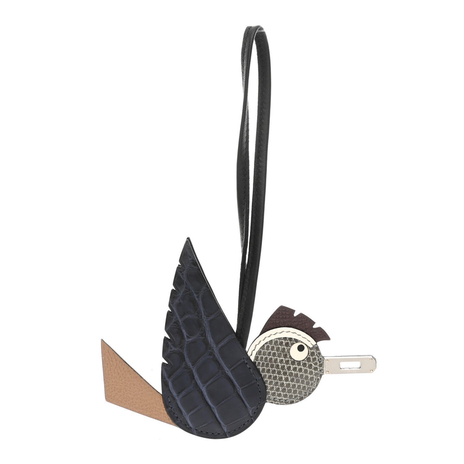 90dd9e92af1b72f4ae0e95b6bf45d6e9.jpg Epsom Swift Alligator Lizard Birdy Bag Charm Bleu Marine Chai Chocolate Black - Image 1
