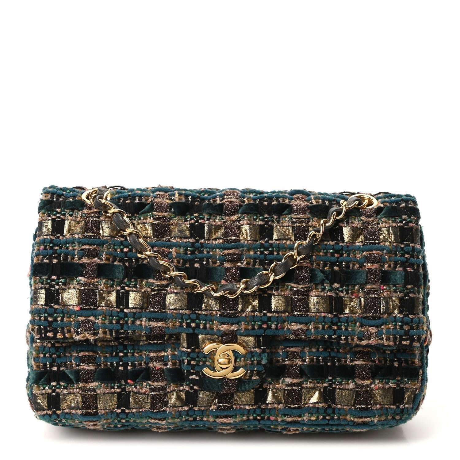 94b171ac0289c122b52332c65d19ef46.jpg Tweed Metallic Lambskin Quilted Egyptian Double Flap Multicolor Gold - Image 1