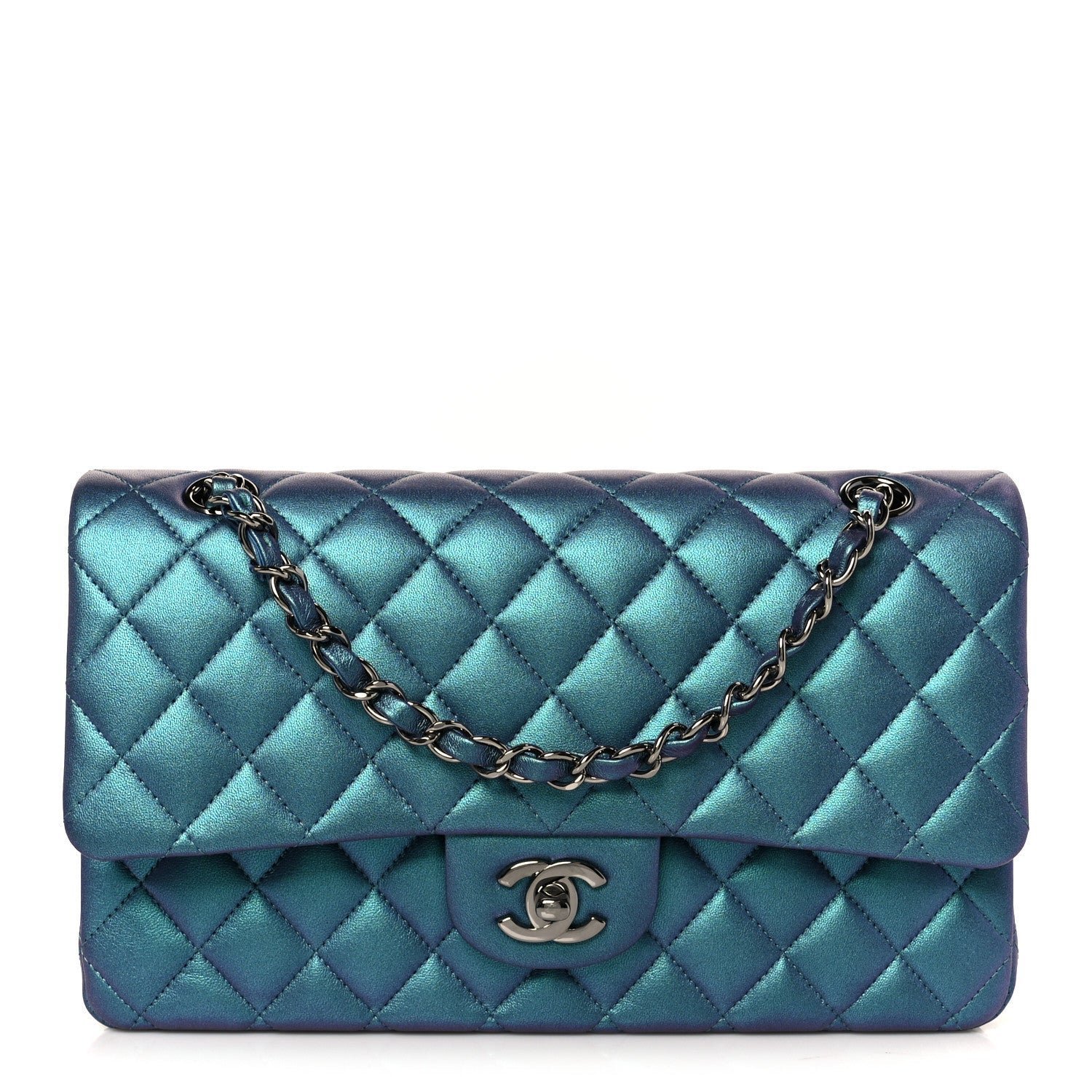 98d44579d13d6ce16ad0e755cdb98f46.jpg Metallic Lambskin Quilted Medium Double Flap Turquoise - Image 1