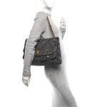 Washed Denim Quilted Maxi Flap Bag Black - Image 2