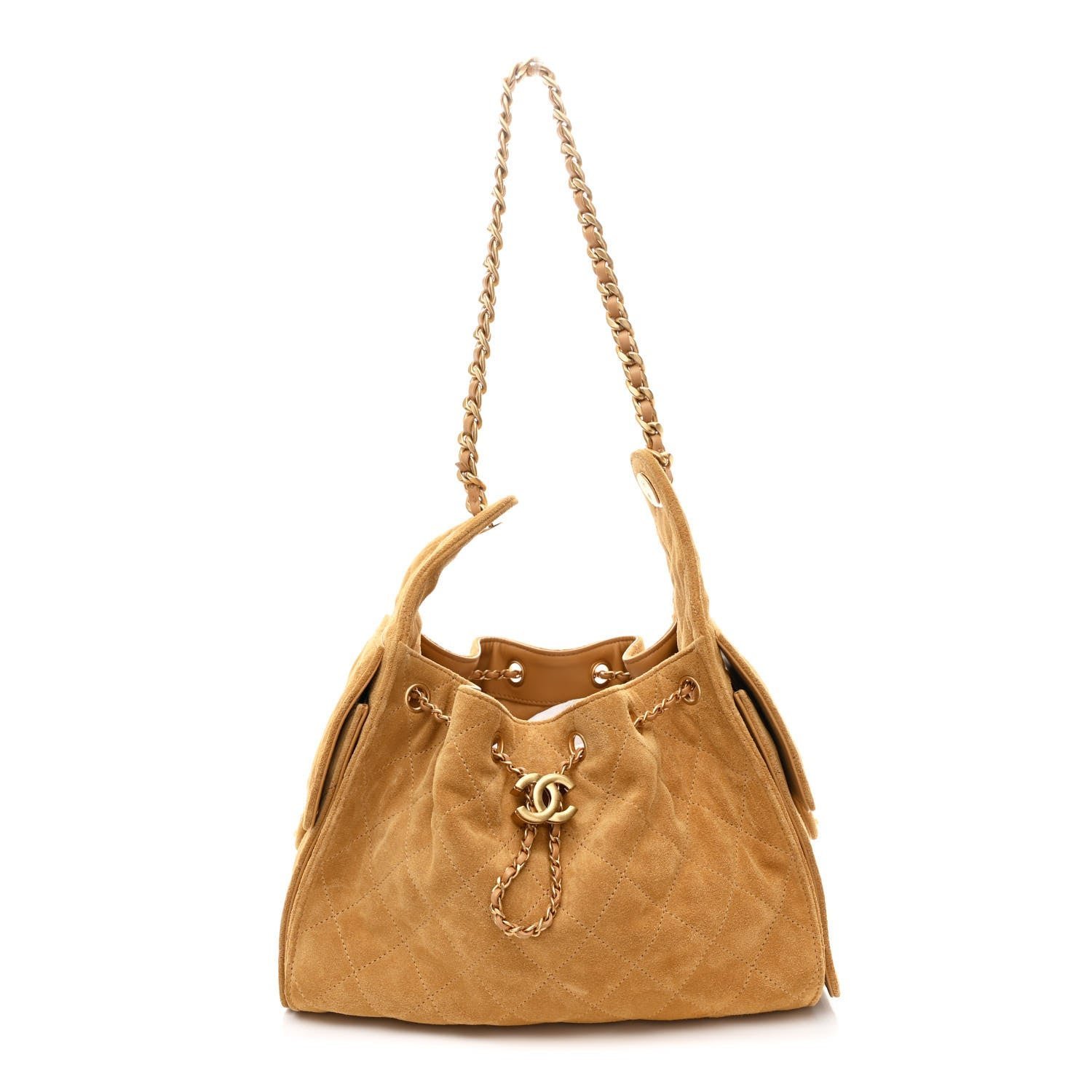 9ead57821f89fcdab11843ef45af00ef.jpg Suede Quilted Small Chanel 25 Handbag Beige - Image 1