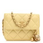 Lambskin Quilted Pearl Crush Clutch With Chain Yellow